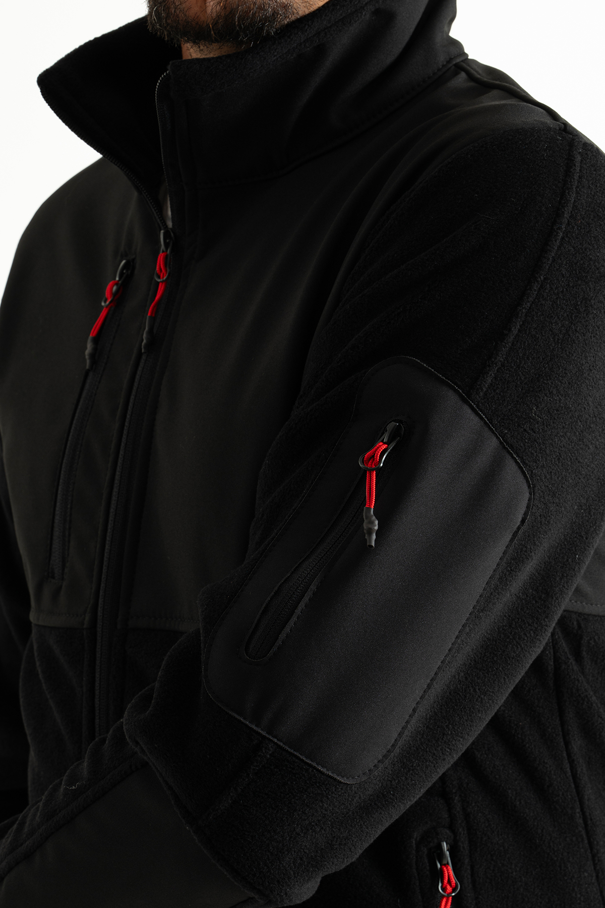 Souris Erkek Siyah Dar Kalıp Anti-pilling Tüylenme Yapmayan Tam Fermuar Softshell Garnili Polar Sweatshirt görsel 8