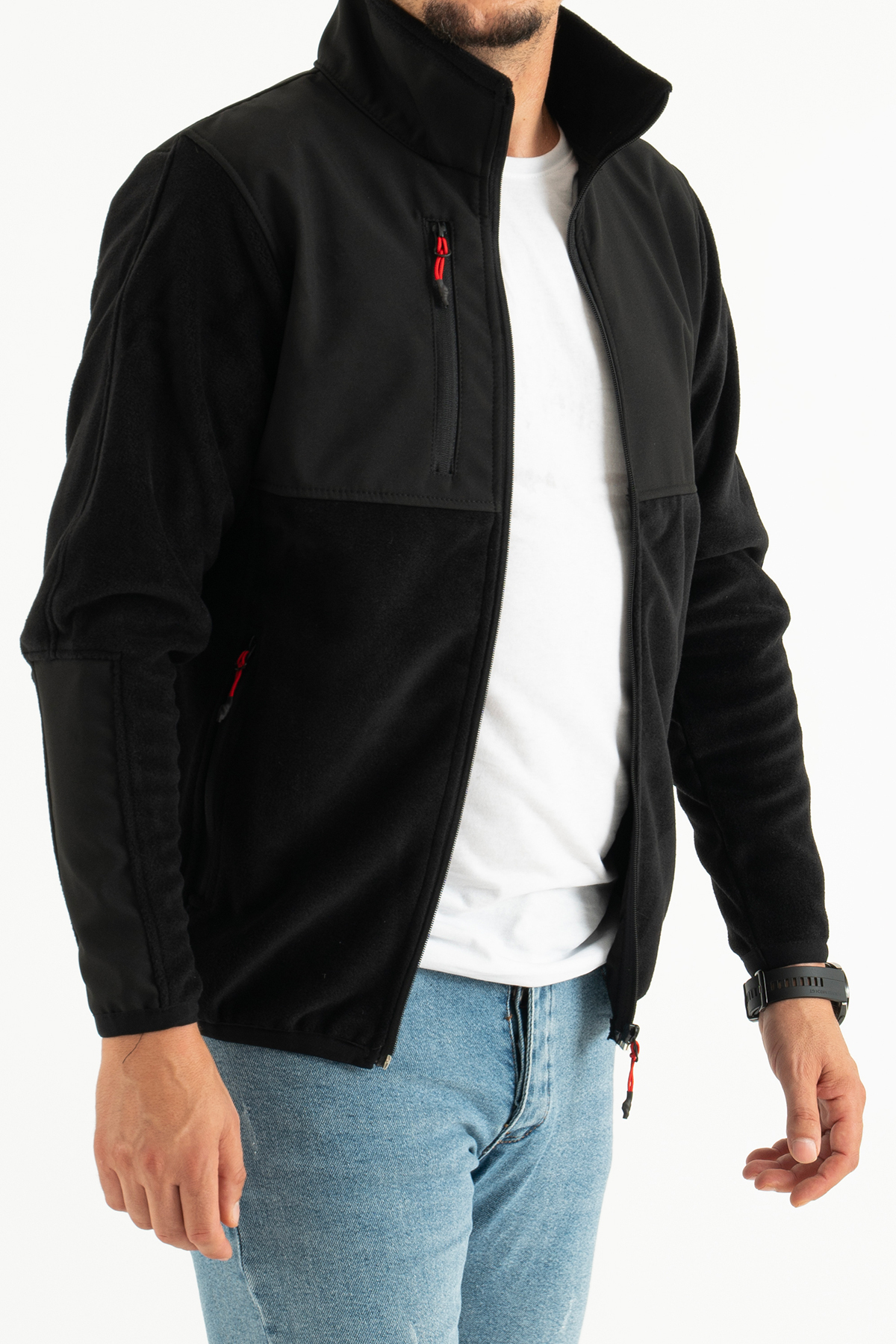 Souris Erkek Siyah Dar Kalıp Anti-pilling Tüylenme Yapmayan Tam Fermuar Softshell Garnili Polar Sweatshirt görsel 5