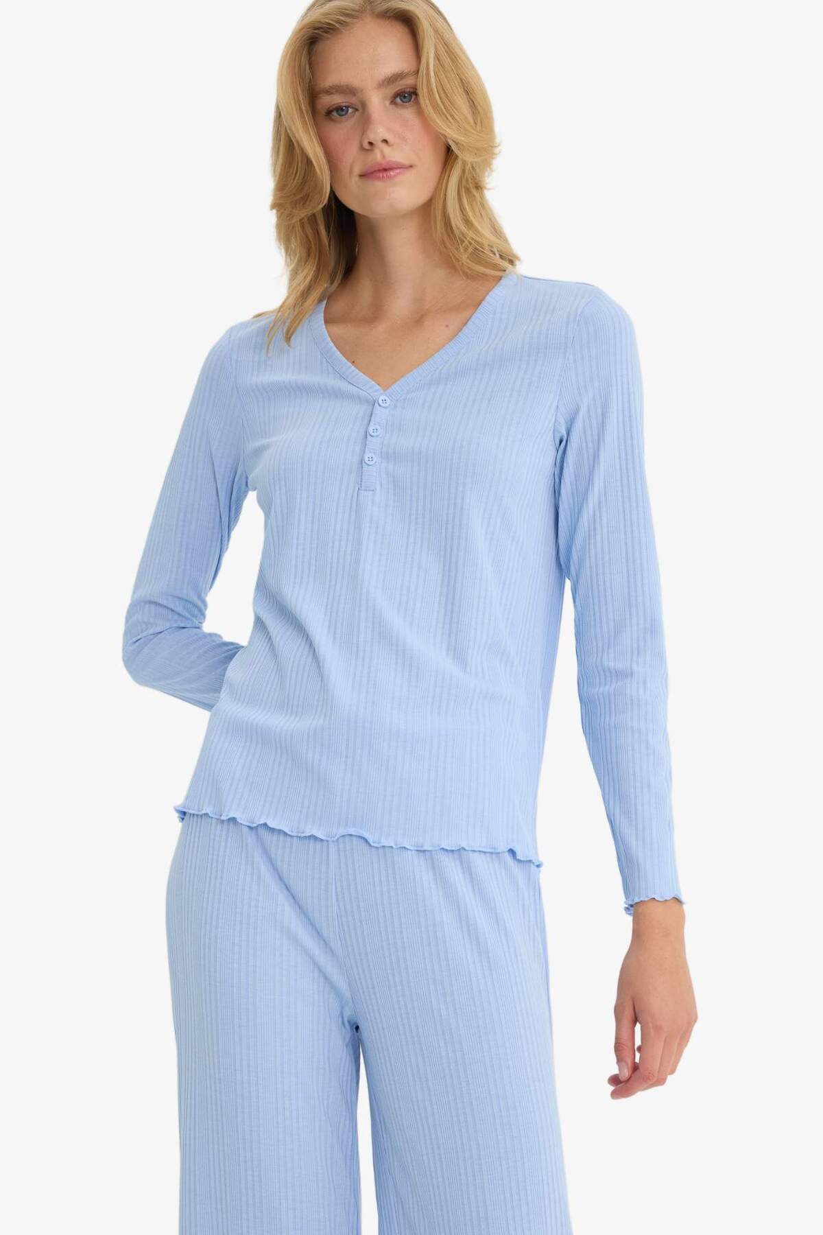 DeFacto-Pajama Sets Regular Fit Rib Long Sleeve Top Long Bottom-Fall in Love D2273Ax25Au 4