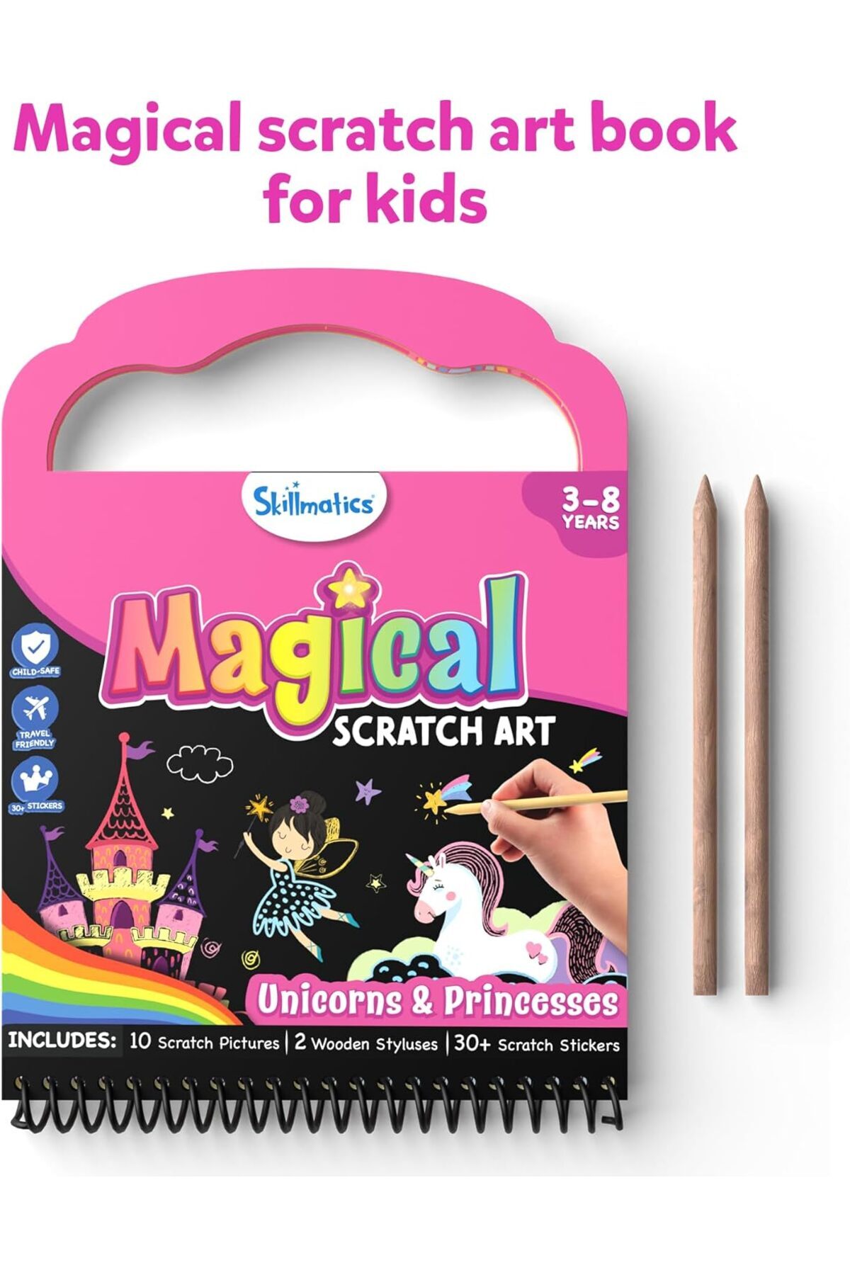 کتاب هنر خراش برای کودکان – تک‌شاخ‌ها و شاهزاده‌ها، کیت‌ها و لوازم کاردستی، بیش از ۳۰ طرح خراش