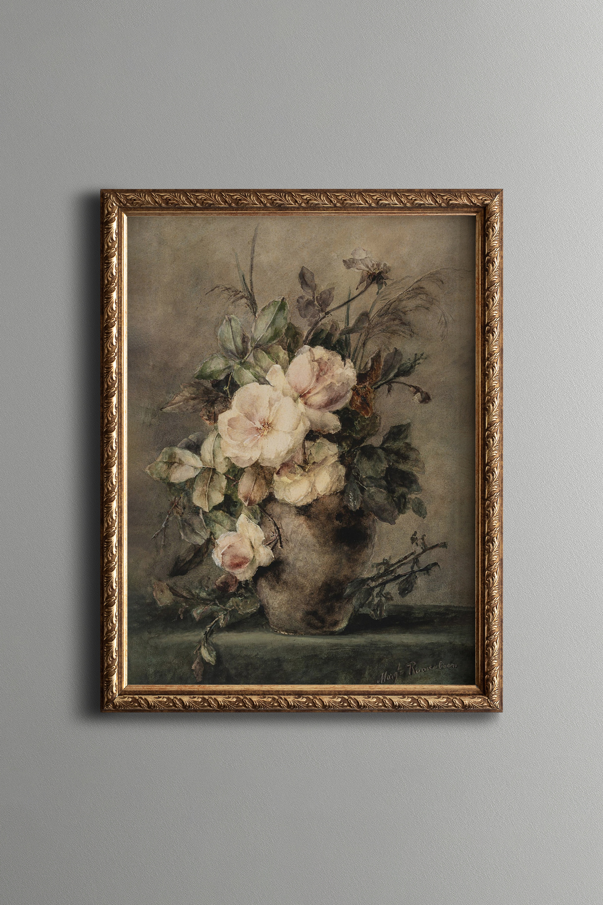 epiqart Vazoda Çalı Gülleriyle Natürmort - Vintage Desenli Çerçeve