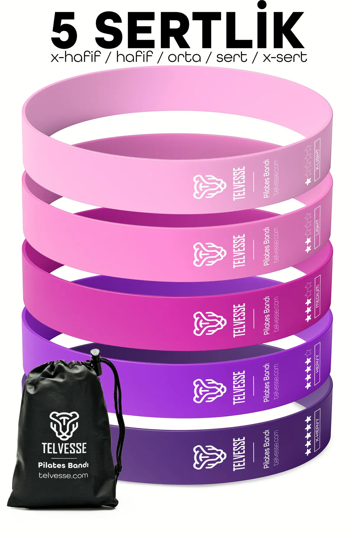 Ozsport 5 Farklı Pilates Direnç Bandı Çantalı Latex Aerobik Egzersiz Squat Lastiği Loop Bant Kapalı Uç Pembe