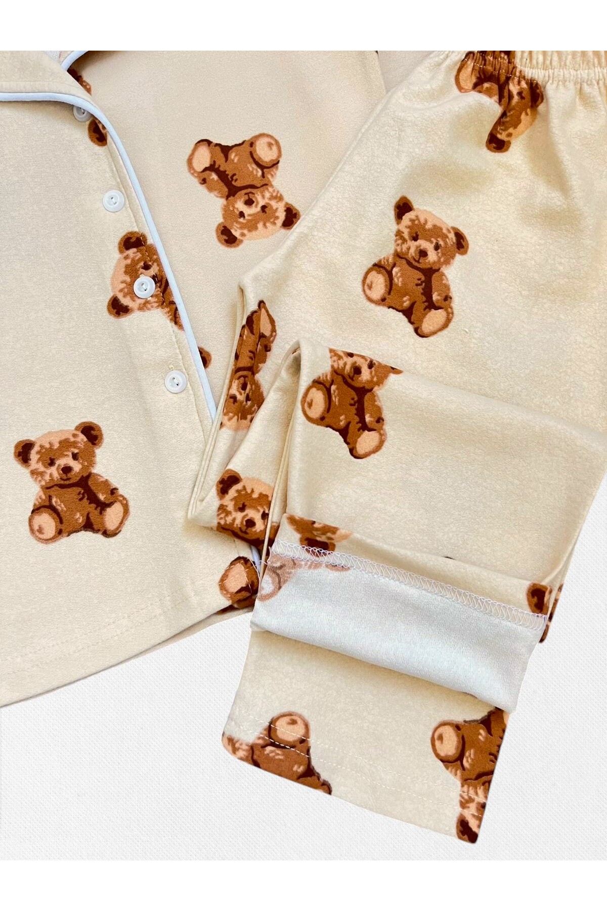 Fil Kids Erkek Çocuk Pamuklu Kumaş Süet Bej Ayıcık Desenli Uyku Bantlı Biyeli Gömlek Yaka Pijama Takımı fotoğrafı 4 (önizleme)