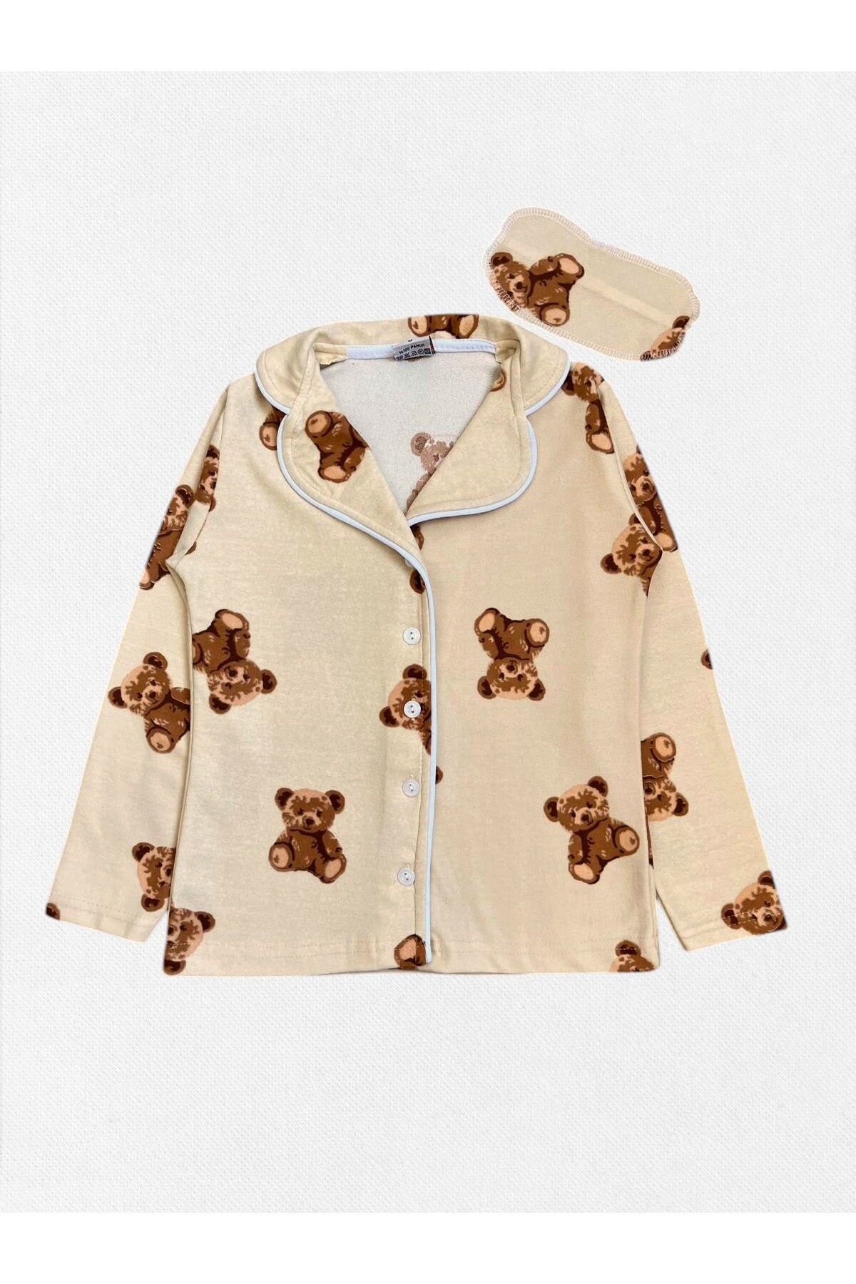 Fil Kids Kız Çocuk Pamuklu Kumaş Süet Bej Ayıcık Desenli Uyku Bantlı Biyeli Gömlek Yaka Pijama Takımı fotoğrafı 6 (önizleme)