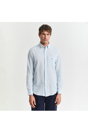 Gant Erkek Mavi Regular Fit Düğmeli Yaka Çizgili Keten Gömlek