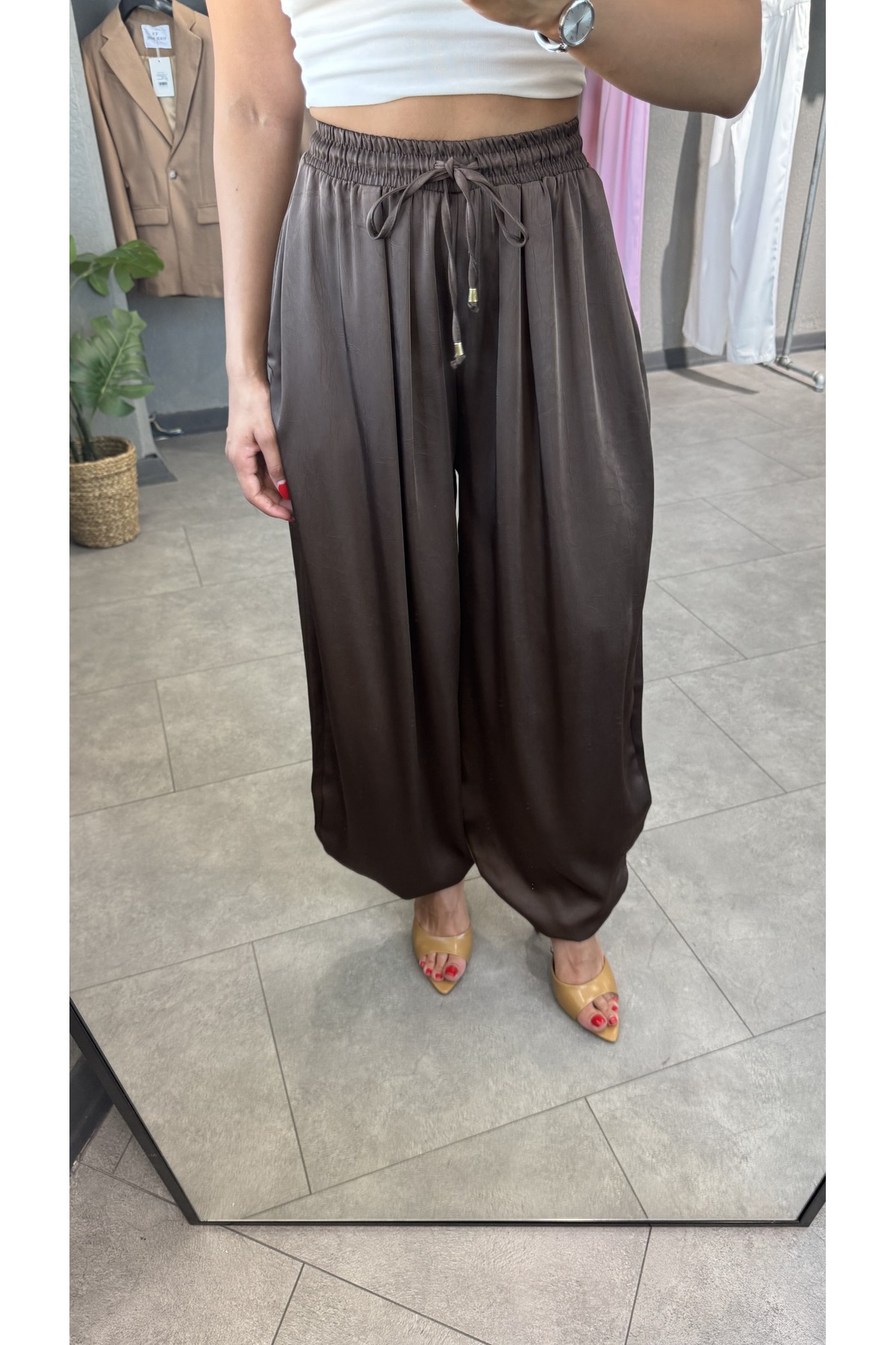 YOUR NAME  Beli Lastikli Saten Şalvar Pantolon - Görsel 5