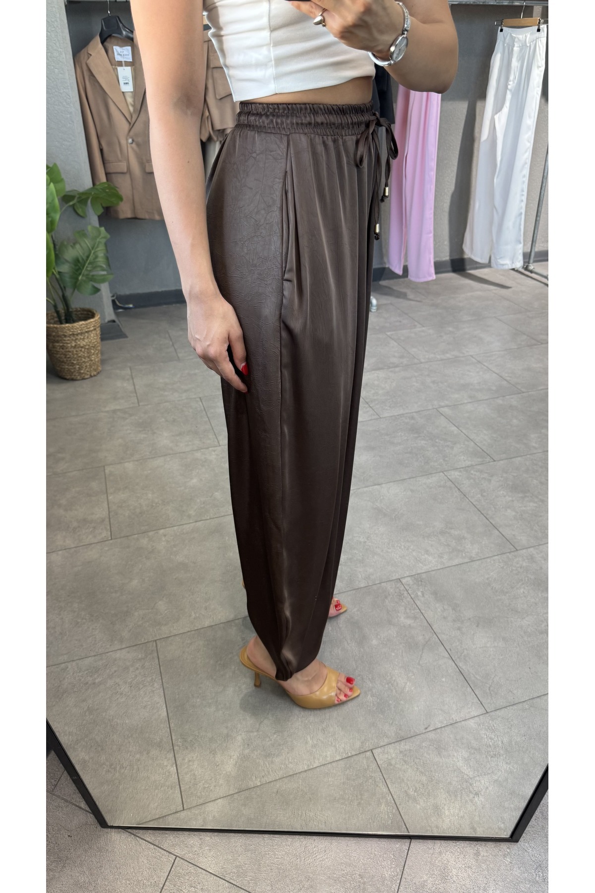 YOUR NAME  Beli Lastikli Saten Şalvar Pantolon - Görsel 7