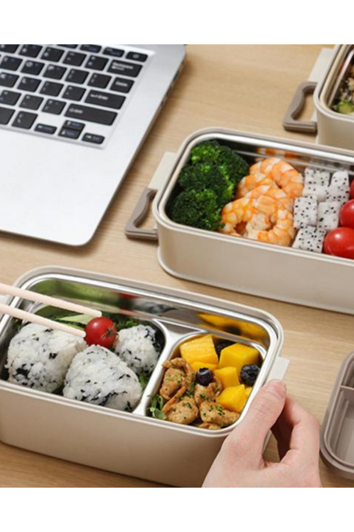 Next Plus-Bento Stainless Steel 1300ml Two-Layer Three-Compartment Lunch Box Food Container with Fork and Spoon 4