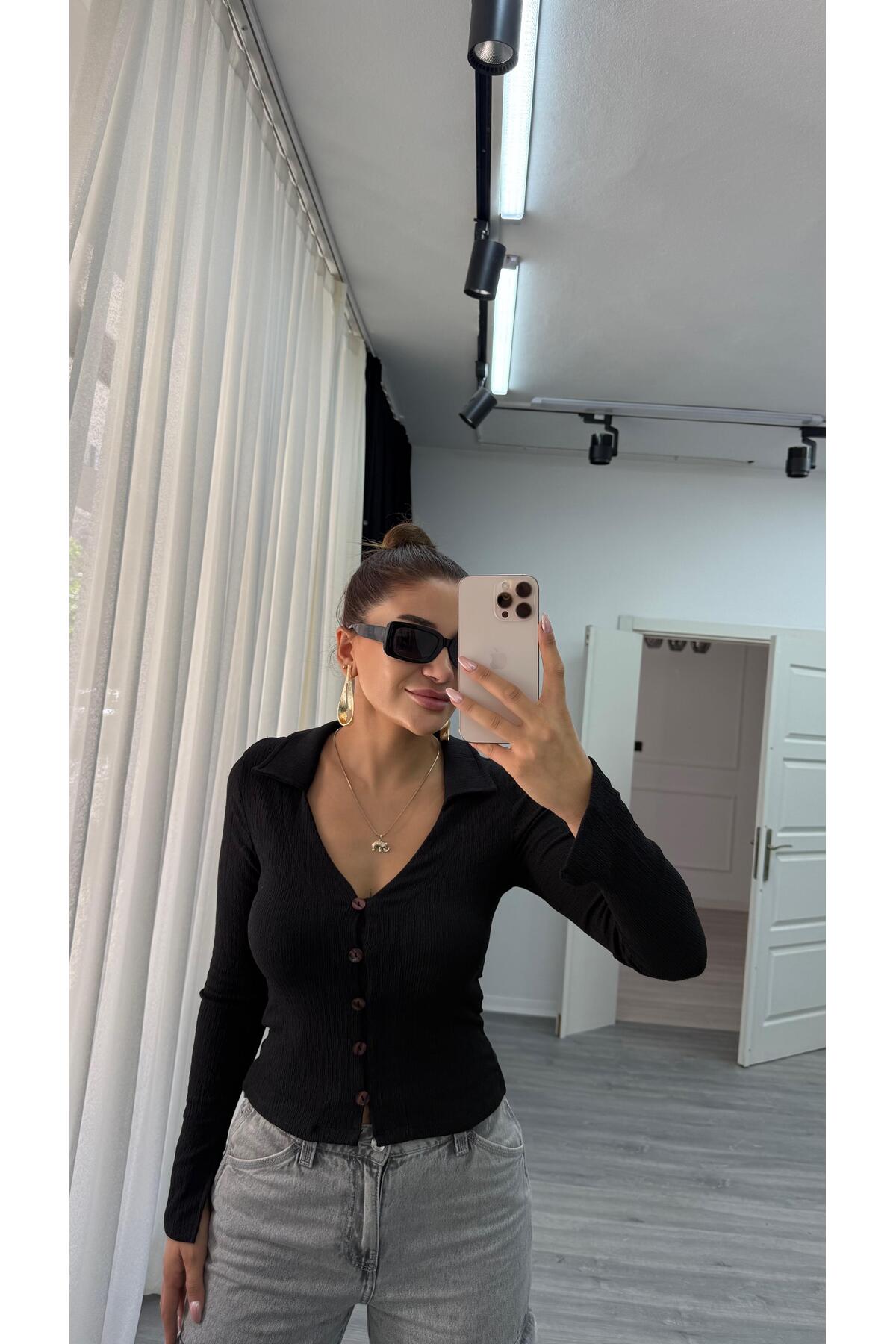 Daves Önden Düğmeli Eni Boyu Esnek Uzun Kol Gömlek görsel 5