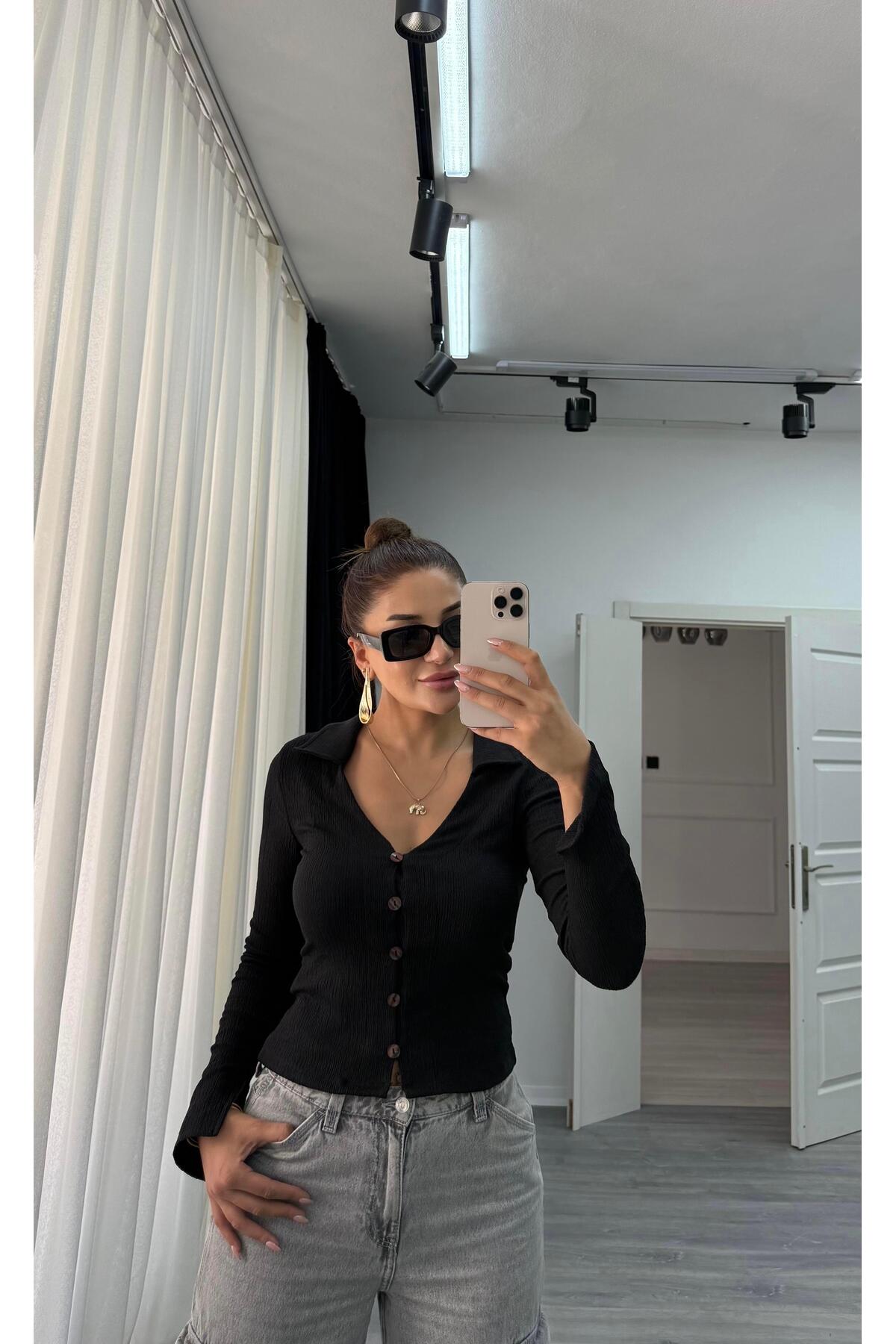 Daves Önden Düğmeli Eni Boyu Esnek Uzun Kol Gömlek görsel 4