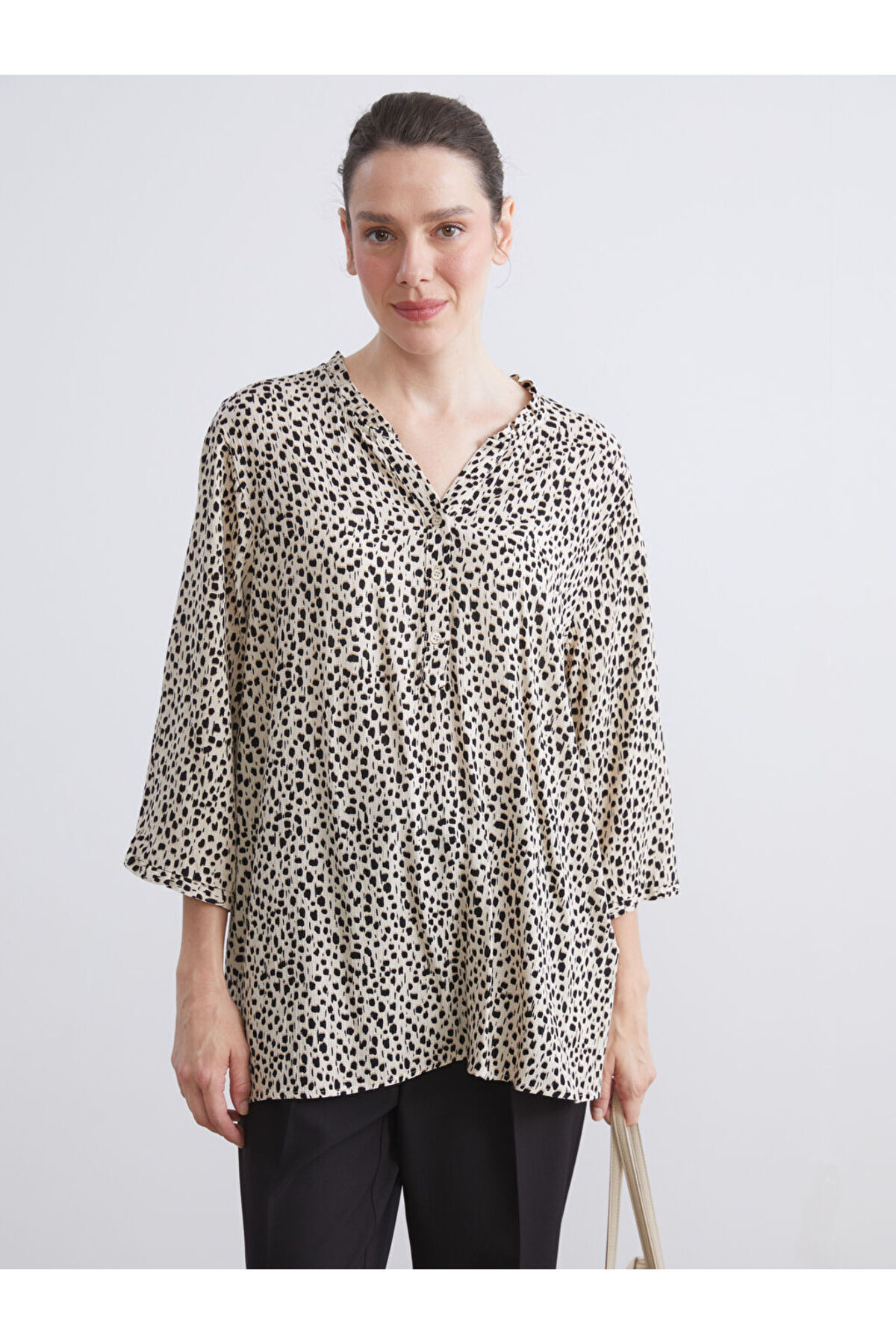 LC Waikiki-Sparkling Selections from Shining Store |   Ruffled V-Neck Dalmatian Patterned Blouse 1