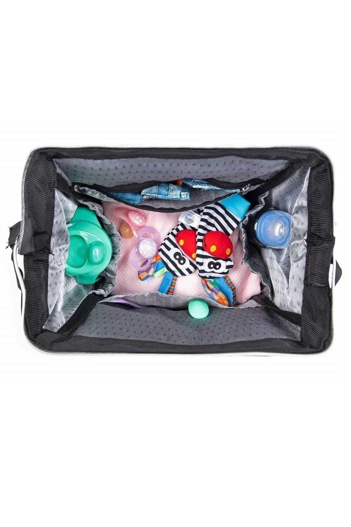 Yerli Anne Bebek Bakım Sırt Çantası Biberon Termoslu Sıvı Geçirmez Puset Askı Aparatlı Siyah Gri Çizgili fotoğrafı 3 (önizleme)