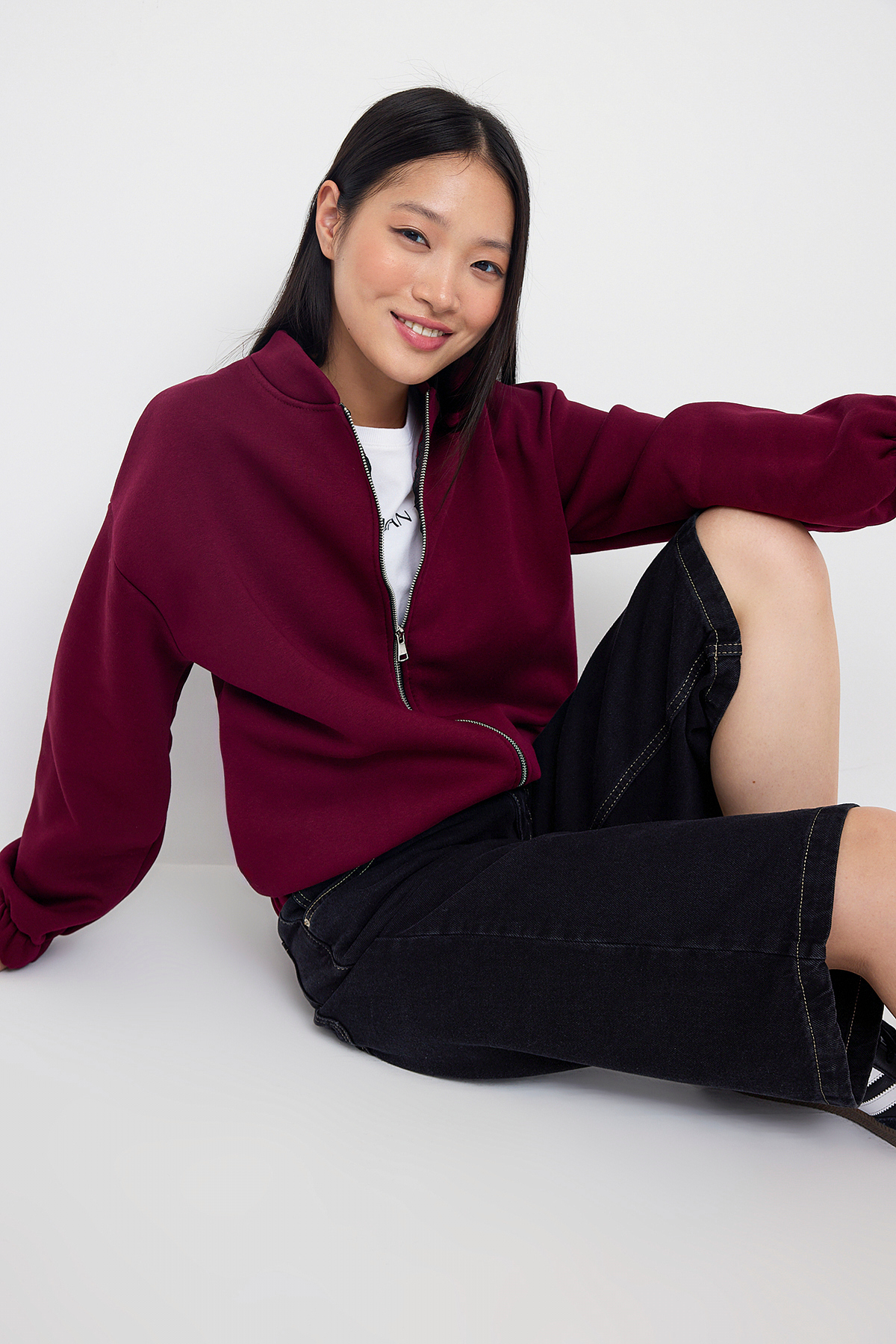 Trendyolmilla  Teen Koyu Bordo Fermuarlı Oversize/Geniş Kalıp Kalın İçi Polarlı Örme Sweatshirt TWOAW25SW00122