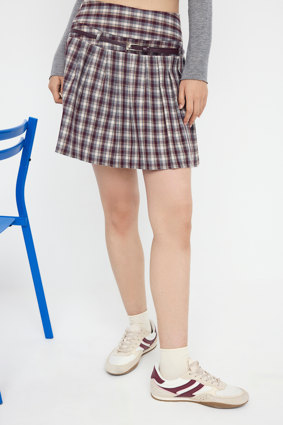 Trendyolmilla  Teen Bordo Kemerli Ekoseli/Kareli Kışlık Mini Etek TWOAW26ET00056 - Görsel 4