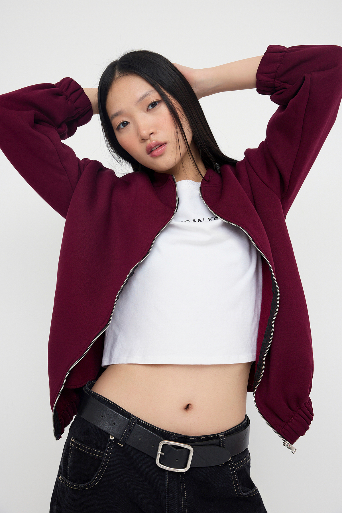 Trendyolmilla  Teen Koyu Bordo Fermuarlı Oversize/Geniş Kalıp Kalın İçi Polarlı Örme Sweatshirt TWOAW25SW00122 - Görsel 2