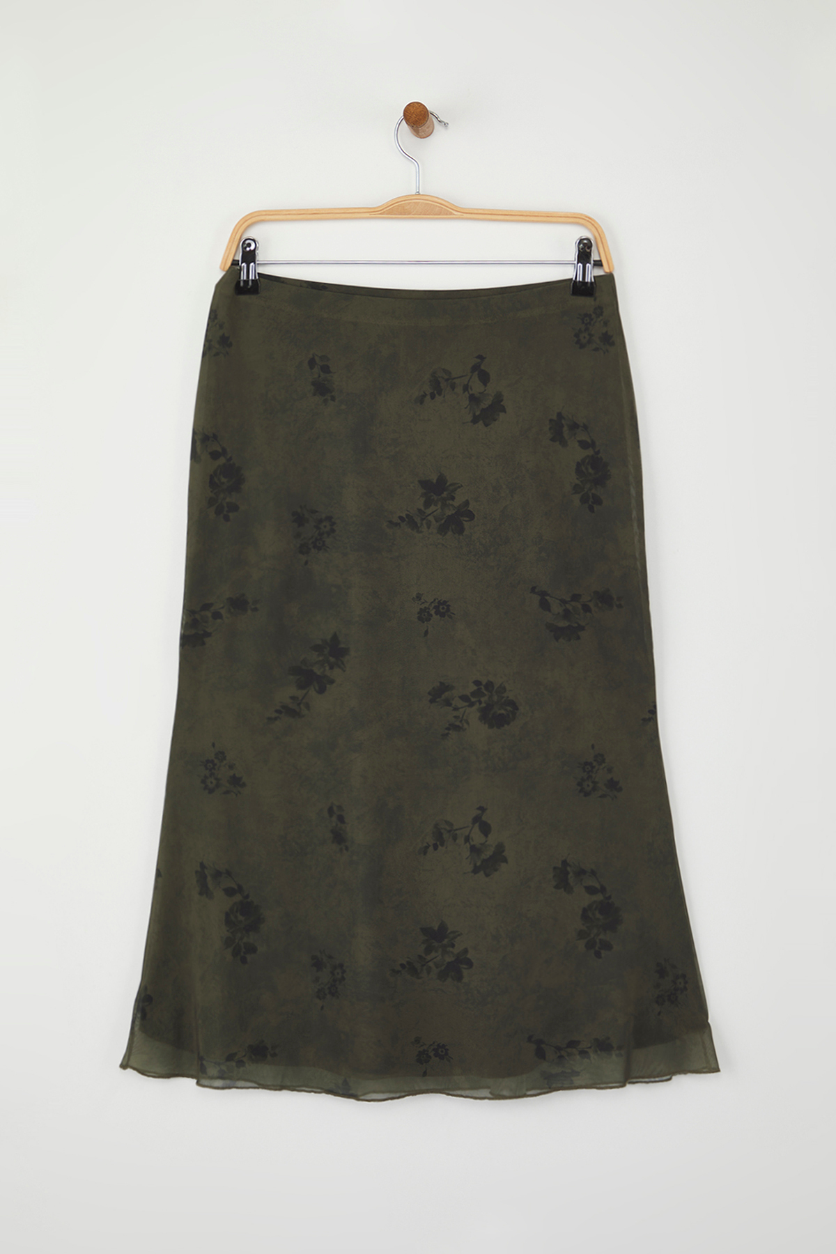 Trendyolmilla  Haki Çiçek Baskılı Bodycon Tül Esnek Örme Etek TWOAW26ET00036 - Görsel 9