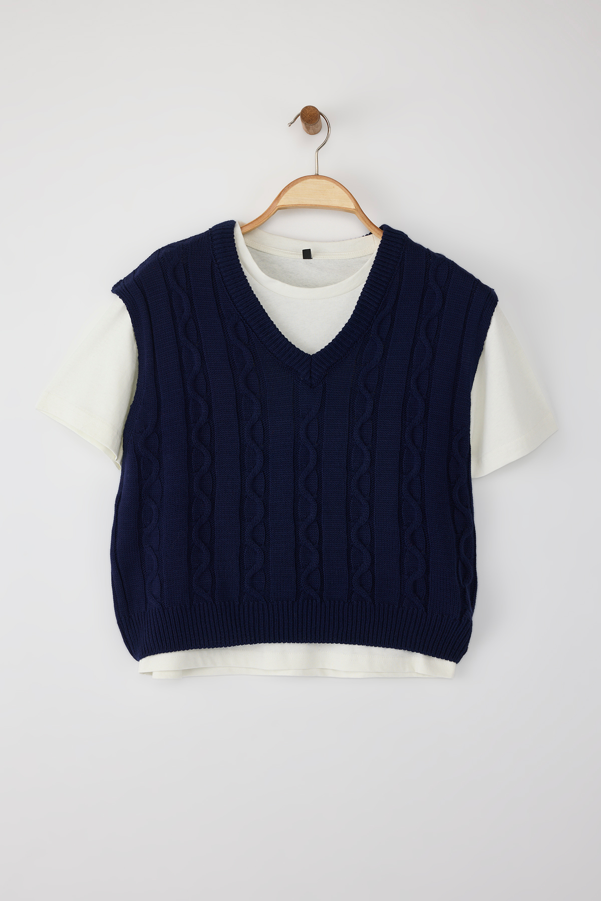 Trendyolmilla  Teen Lacivert 2'li T-Shirt'lü Saç Örgü Triko Kazak TWOAW26KZ00131 - Görsel 5