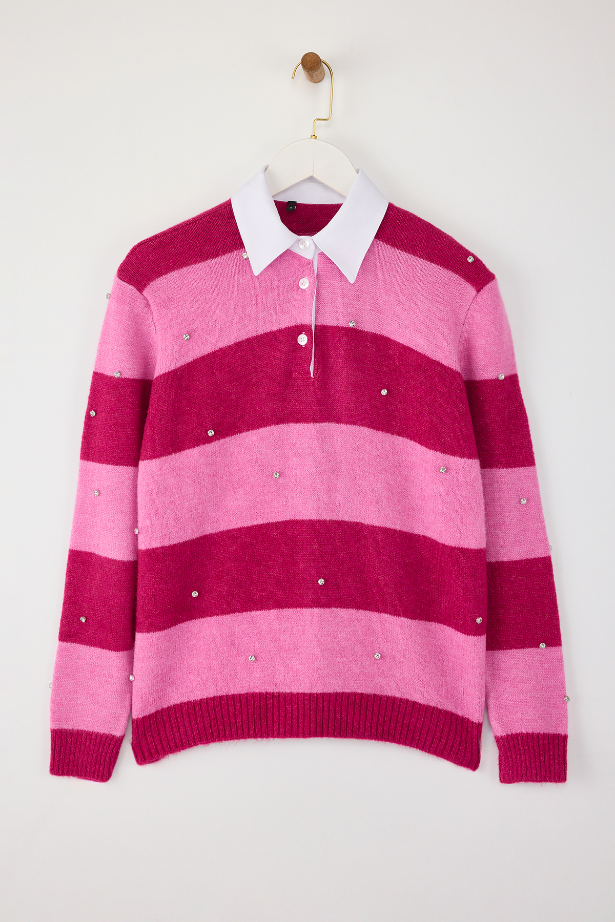 Trendyolmilla  Teen Pembe Yumuşak Dokulu Geniş Kalıp Yaka Garnili Taş İşlemeli Triko Kazak TWOAW26KZ00034 - Görsel 5