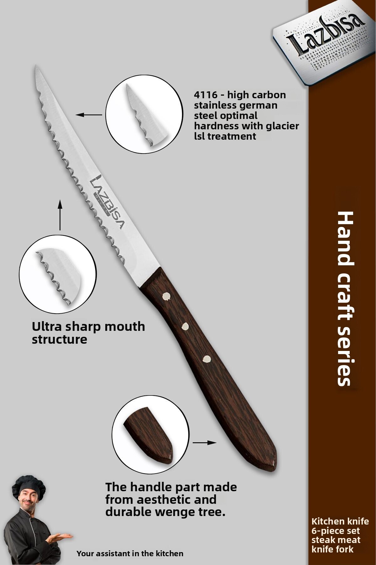 LAZBİSA-Hand Craft Series Steak Meat Knife Kitchen Knife 6-Piece Restaurant Meat Cutting Chopping Knife 3