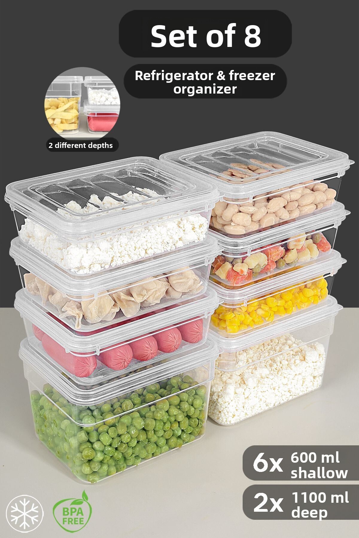 Meleni Home-Set of 8 Deep Shallow Food Storage Containers with Transparent Lid Microwave Compatible Organizer Organizer 1