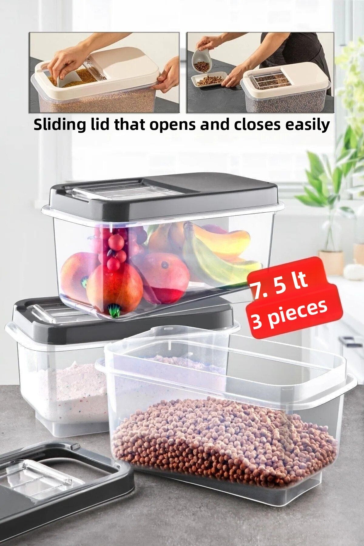 Nesto Home-3 Pieces 7.5 Lt Multibox with Easy Sliding Lid Food Pulses Vs. Storage Container 1