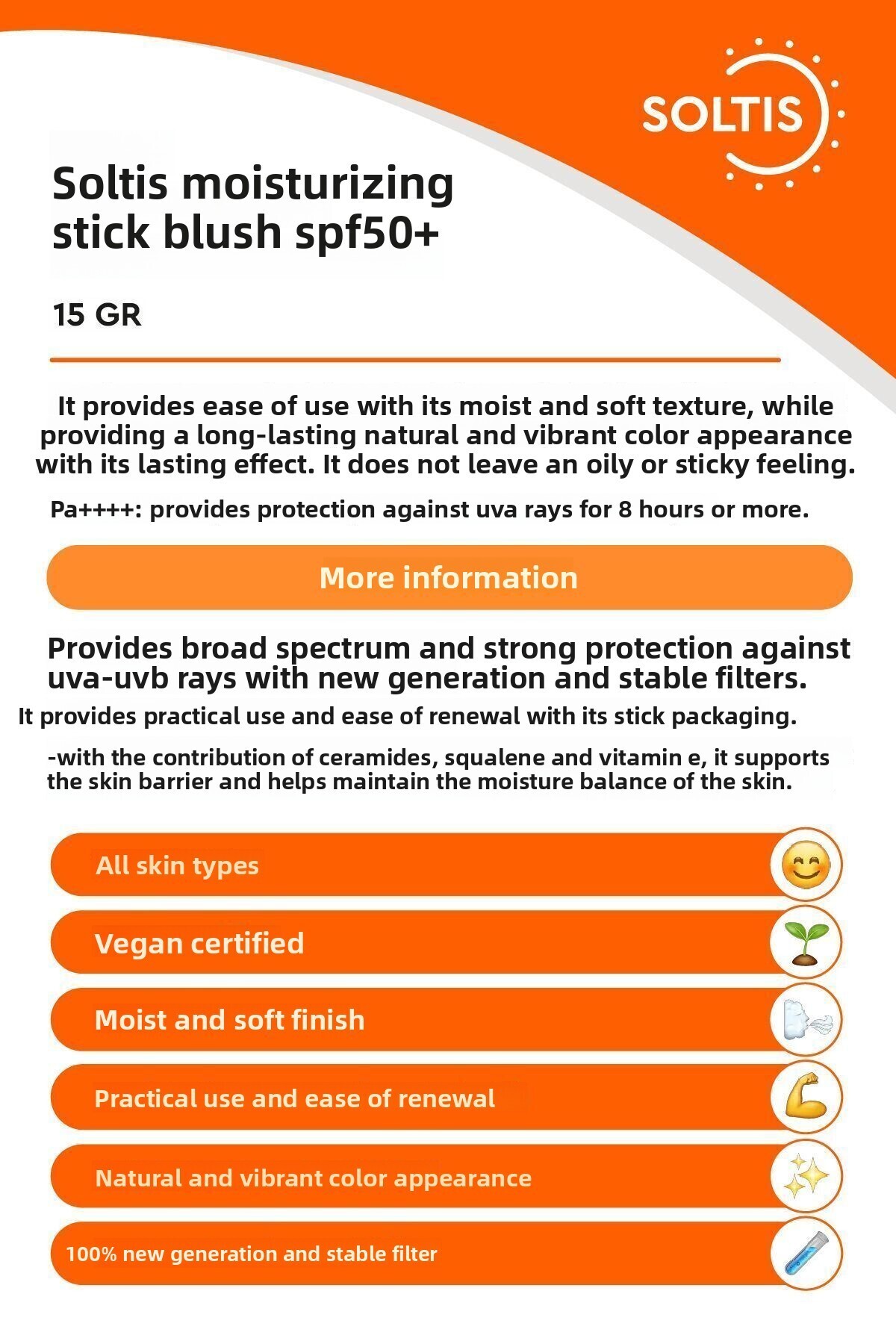 Soltis-15 gr Moisturizing Stick Blush Spf50 01 3