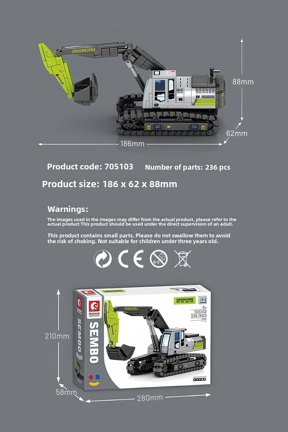 بلوک‌های ساختمانی مینی بیل مکانیکی زوم‌لیون دارای مجوز، ۲۳۶ تکه، سازگار با اسباب‌بازی ساختمانی (۷۰۵۱۰۳)