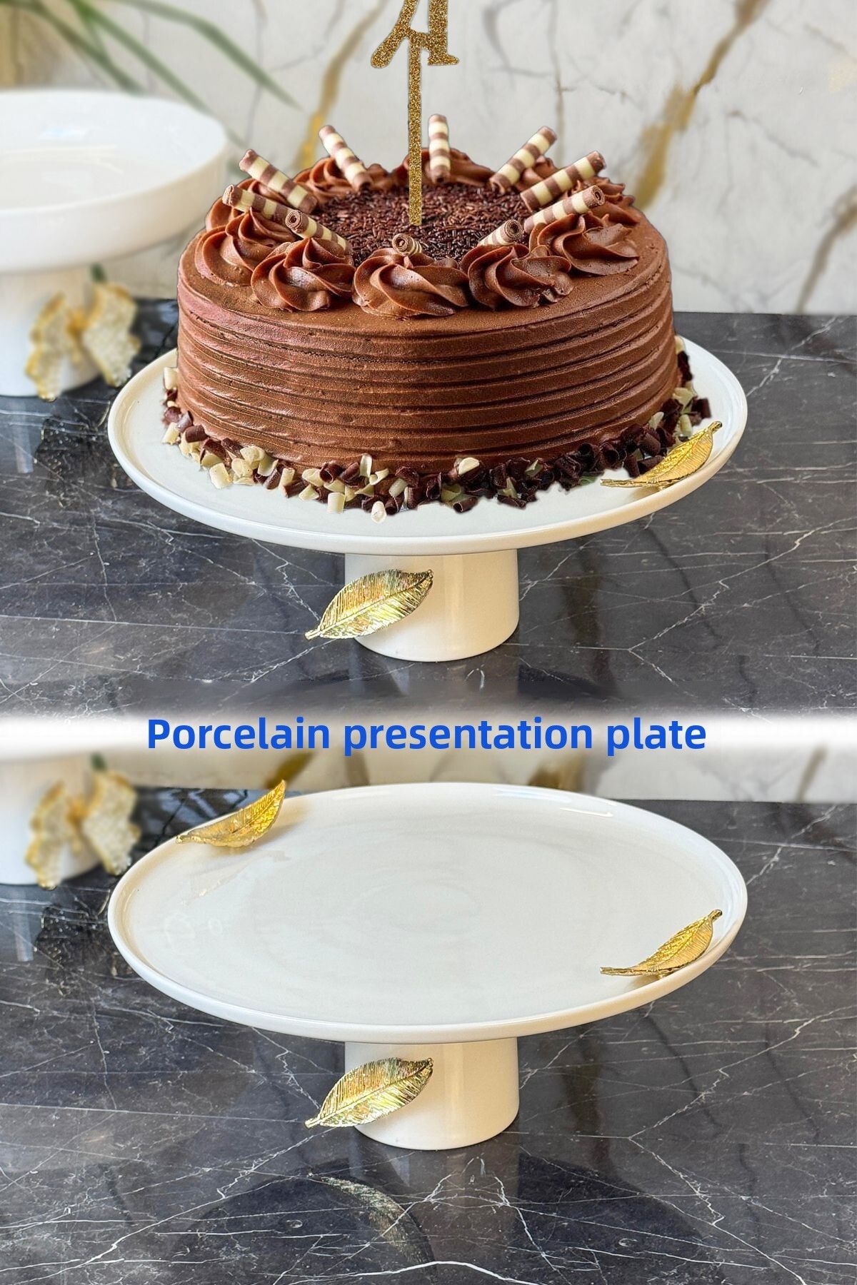 MAY HOME-Porcelain Leaf Detailed Footed Presentation Plate & Cake Pastry Food Presentation 1