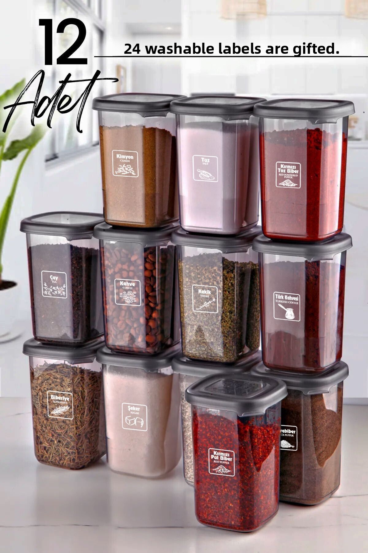 Kitchen Life Set de 12 recipiente pătrate pentru condimente cu etichete Modernity Label 400 ml - Set recipiente pentru depozitarea alimentelor