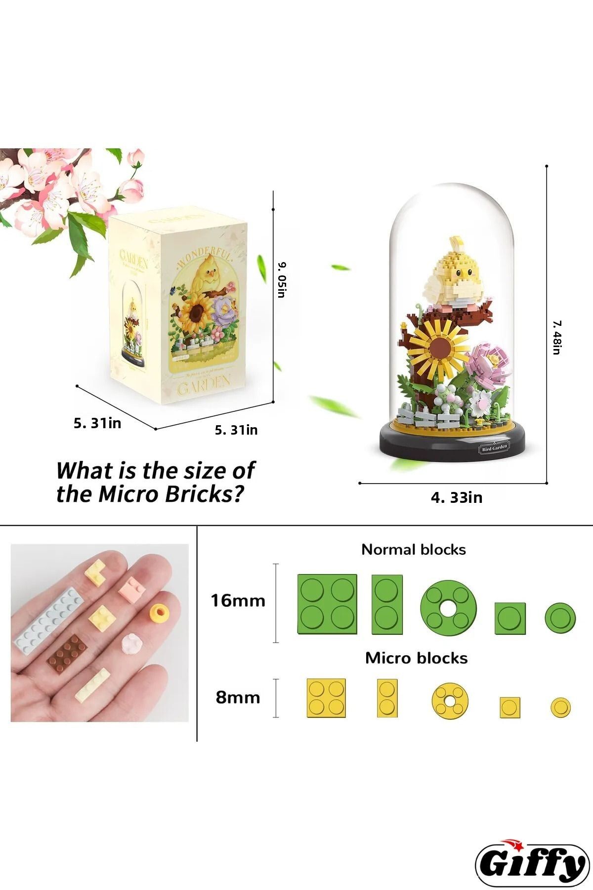 giffy-Decorative Flower Mini Building Block Set 958 Pieces Boxed Sunflower Bird Garden with Bell Jar Combination Structure 4