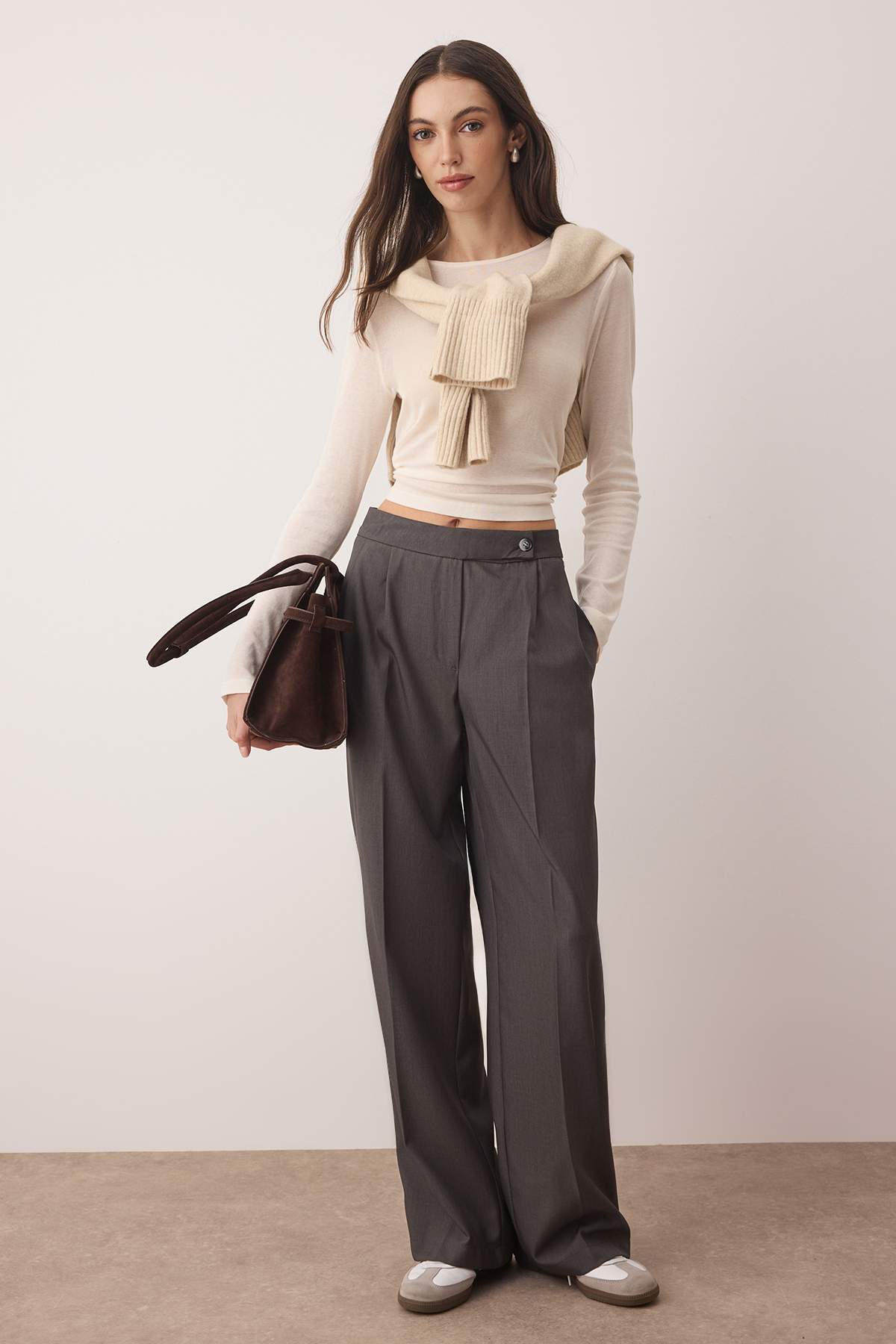 Trendyolmilla  Gri Wide Leg/Geniş Paça Yüksek Bel Dokuma Pantolon TWOAW26PL00036