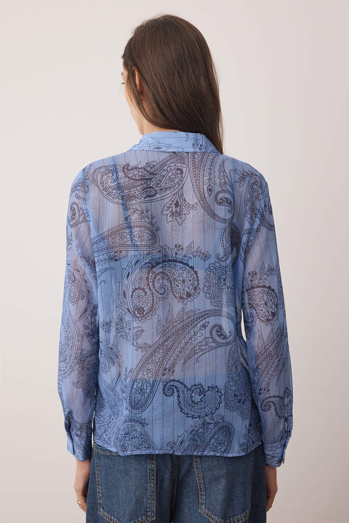 Trendyolmilla  Mavi Boho Şal Desenli Astarsız Yoryo Şifon Gömlek TWOAW26GO00063 - Görsel 4