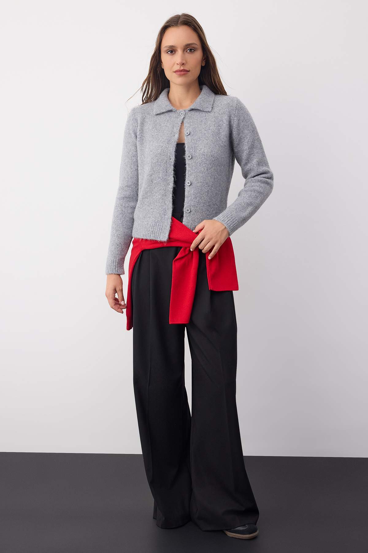 Trendyolmilla  Wardrobe Essentials Gri Merserize Görünümlü Polo Yaka Triko Hırka | TWOAW26HI00104 - Görsel 2