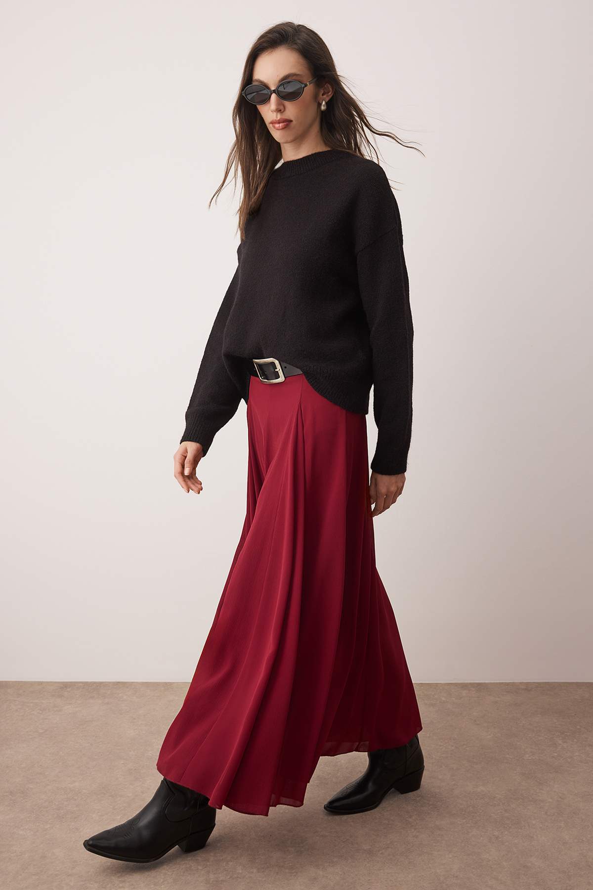 Trendyolmilla  Koyu Bordo Godeli Astarlı Dokuma Etek TCTAW26EE00000 - Görsel 2