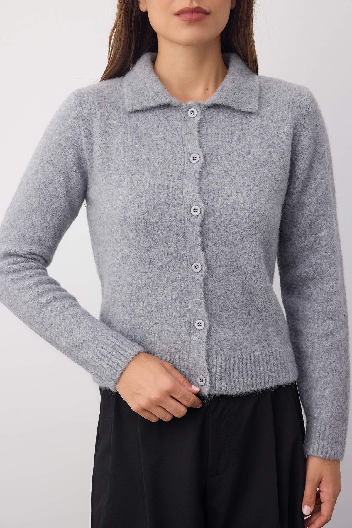 Trendyolmilla  Wardrobe Essentials Gri Merserize Görünümlü Polo Yaka Triko Hırka | TWOAW26HI00104 - Görsel 3