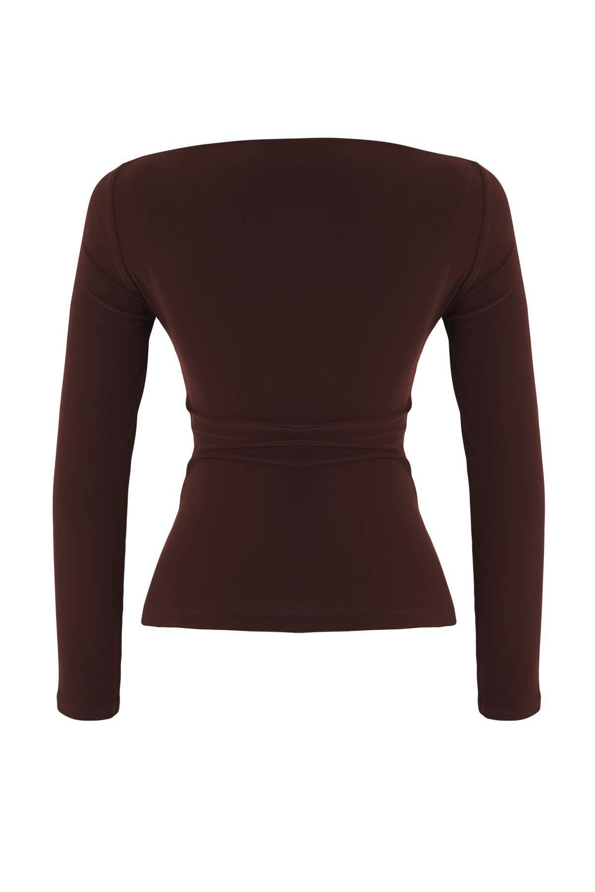 Trendyolmilla  Kahverengi Kayık Yaka Drapeli Vücuda Oturan Esnek Örme Bluz TWOAW25BZ00109 - Görsel 6