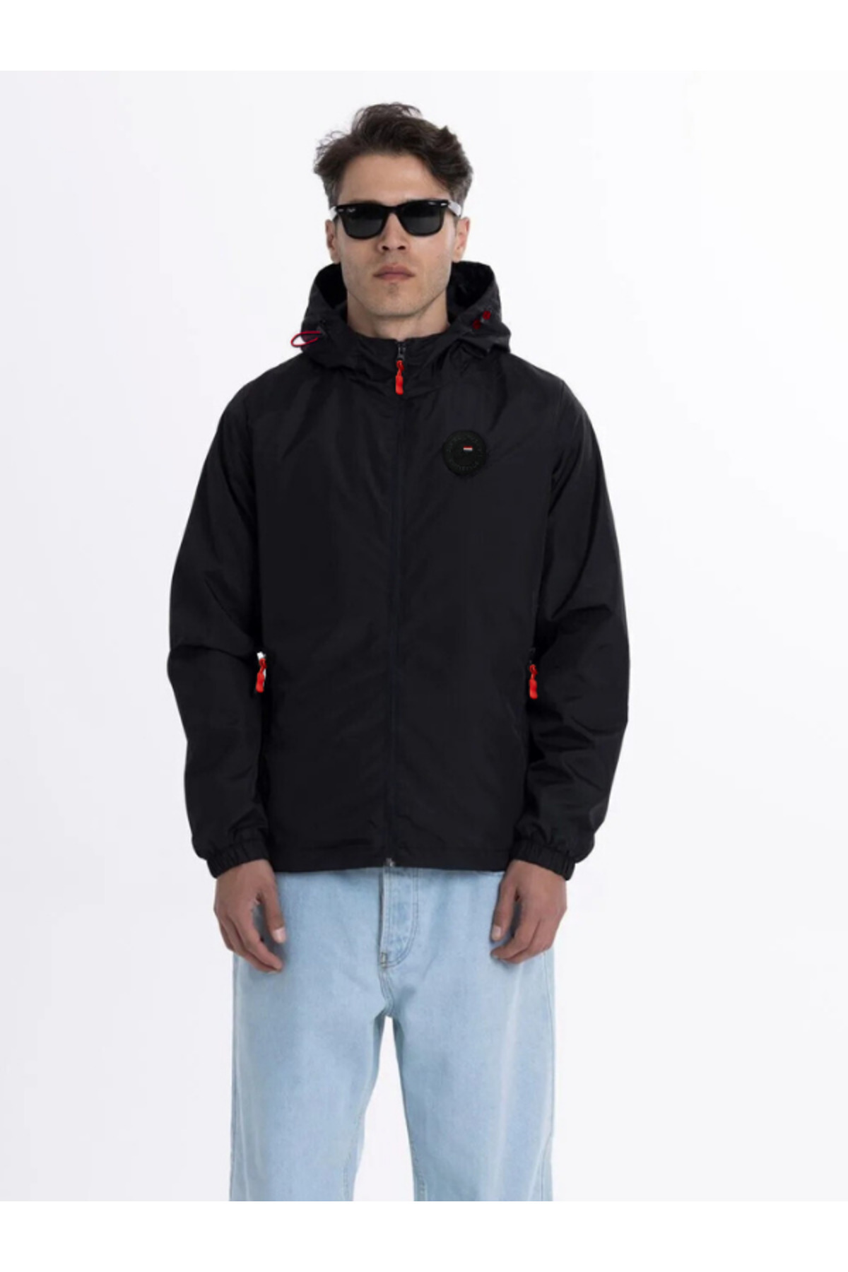 D1fference-Schwarz gefütterter, winddichter Sport-Regenmantel für Herren mit Kapuze und Tasche 3