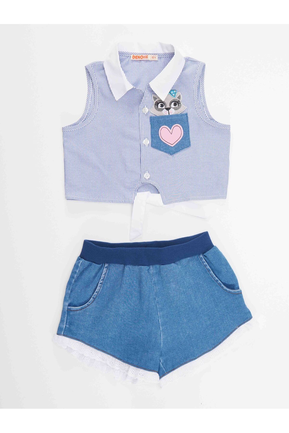 Denokids-Waschbär-Mädchen-Hemd-Jeans-Shorts-Set 3