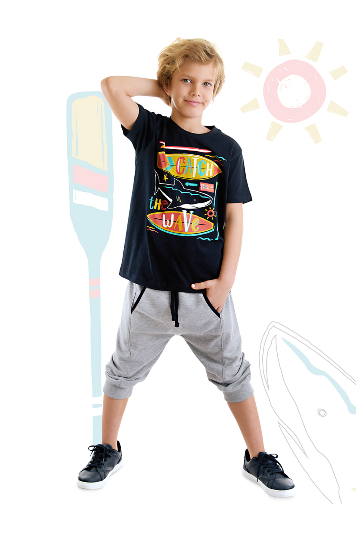 MSHB&G-Catch Wave Shark Marineblaues Sommer-T-Shirt-Capri-Shorts-Set für Jungen 1