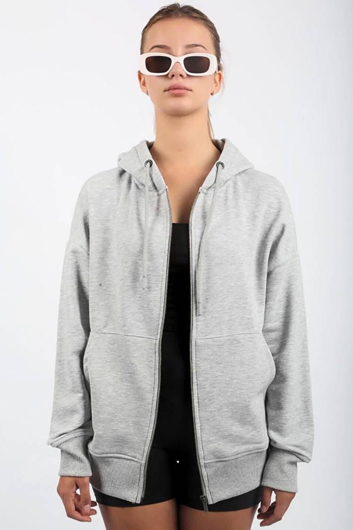 Seeh Gri Fermuarlı Kapüşonlu Sweatshirt SH113 görsel 4