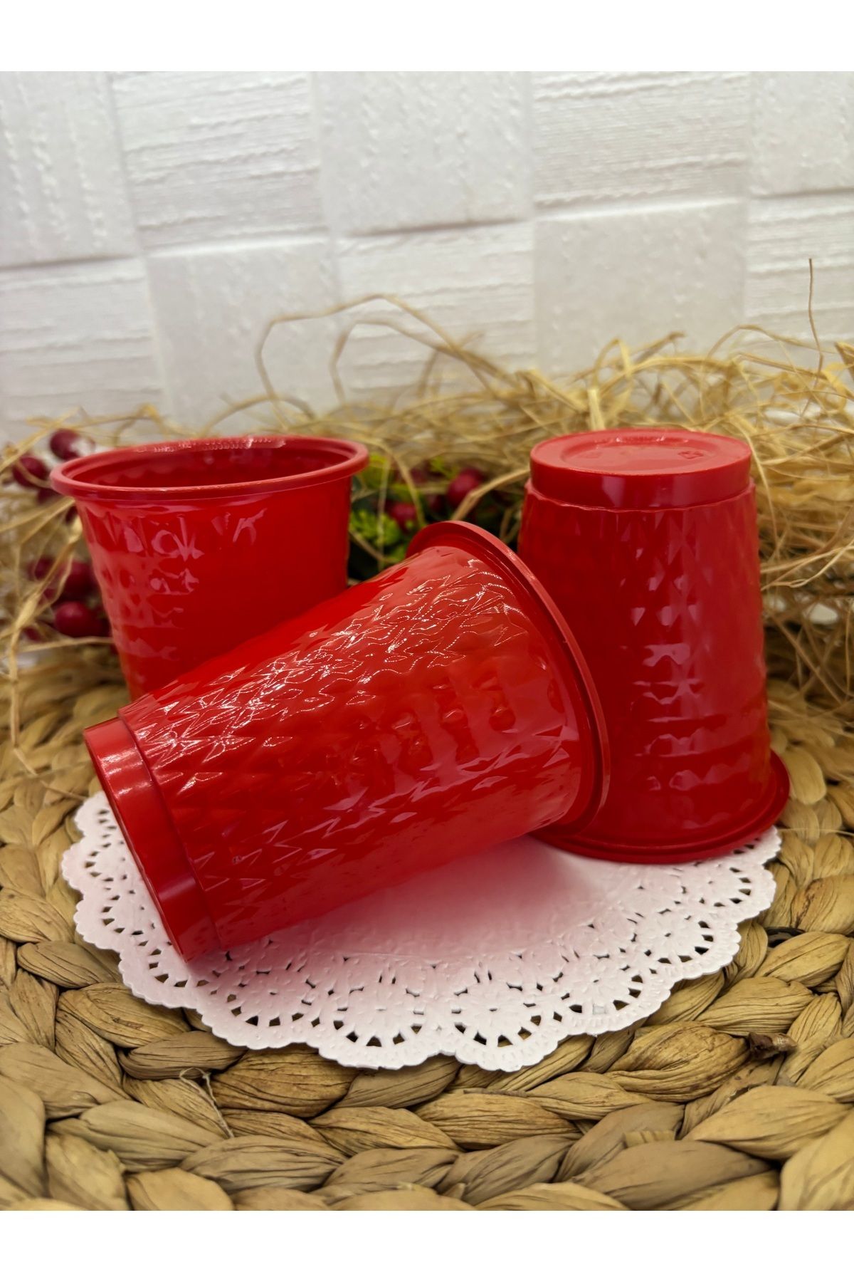 Deniz Party Store-Red Plastic Patterned Glass 25 Pieces 250 Cc 1