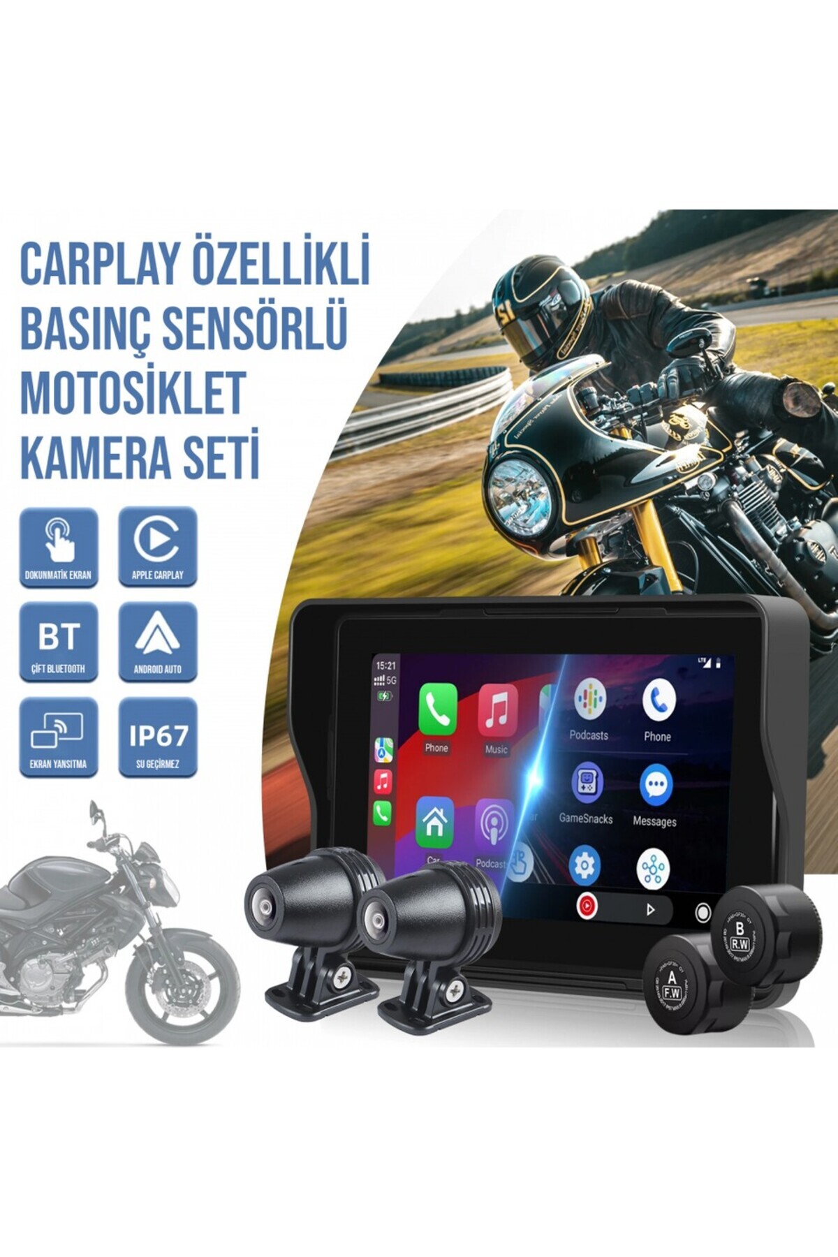 ® MT10 Motosiklet Carplay Android İOS Arka Ön Kamera Lastik Basınç Sensörlü Araç Kamerası