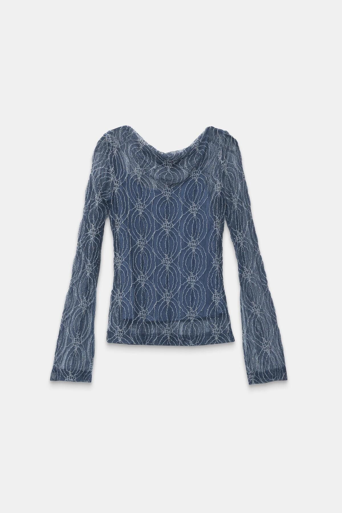 Setre-Indigo Lace Slim Fit Transparent Inner Lining Detailed Patterned Long Sleeve Blouse 8