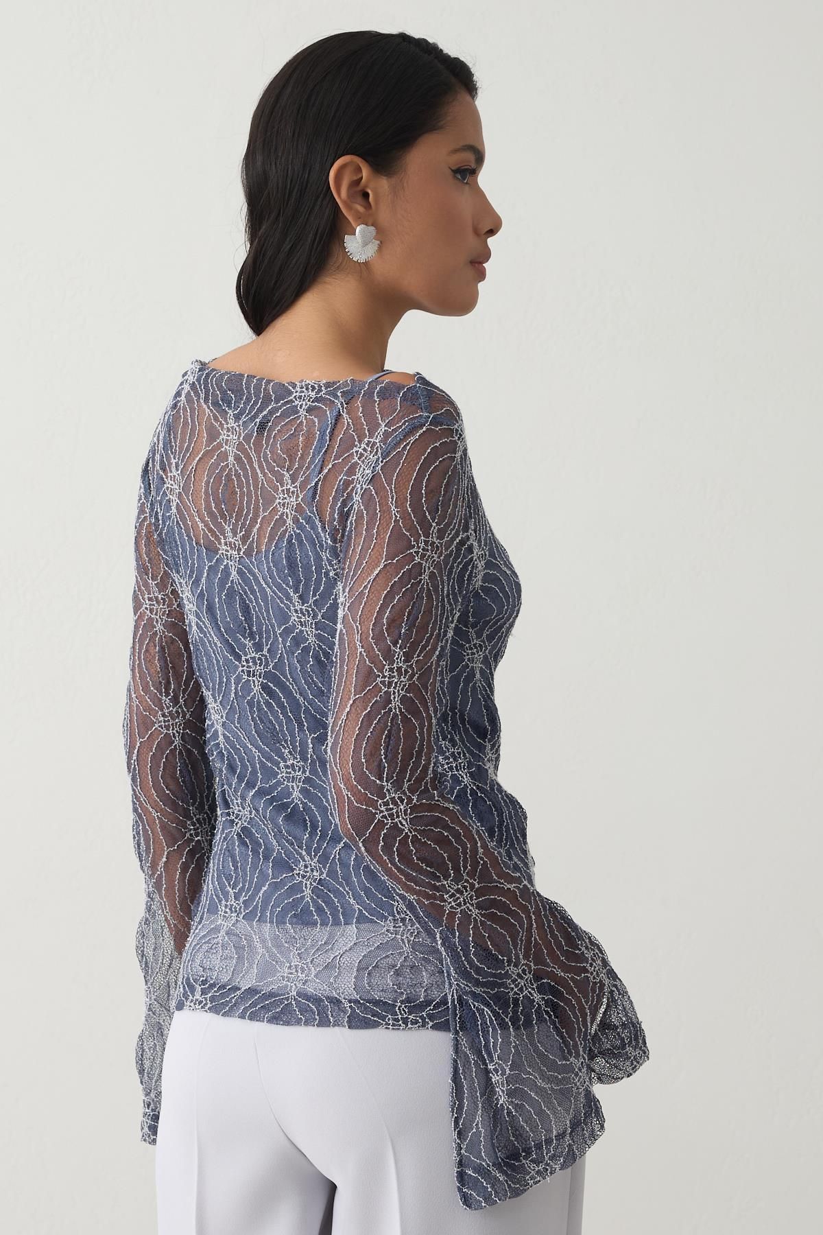 Setre-Indigo Lace Slim Fit Transparent Inner Lining Detailed Patterned Long Sleeve Blouse 7