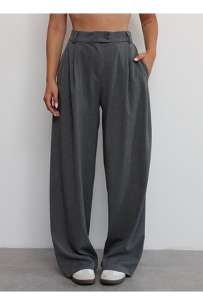 Zey Studio Kadın Gri Yüksek Düğme Detaylı Palazzo Pantolon