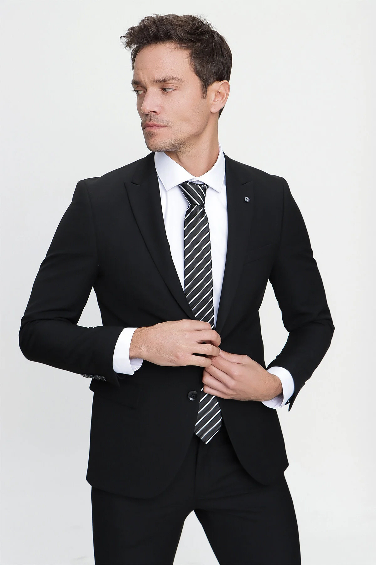 Morven-Pánský černý Basic Plain Slim Fit Slim Fit 6 Drop Suit 6