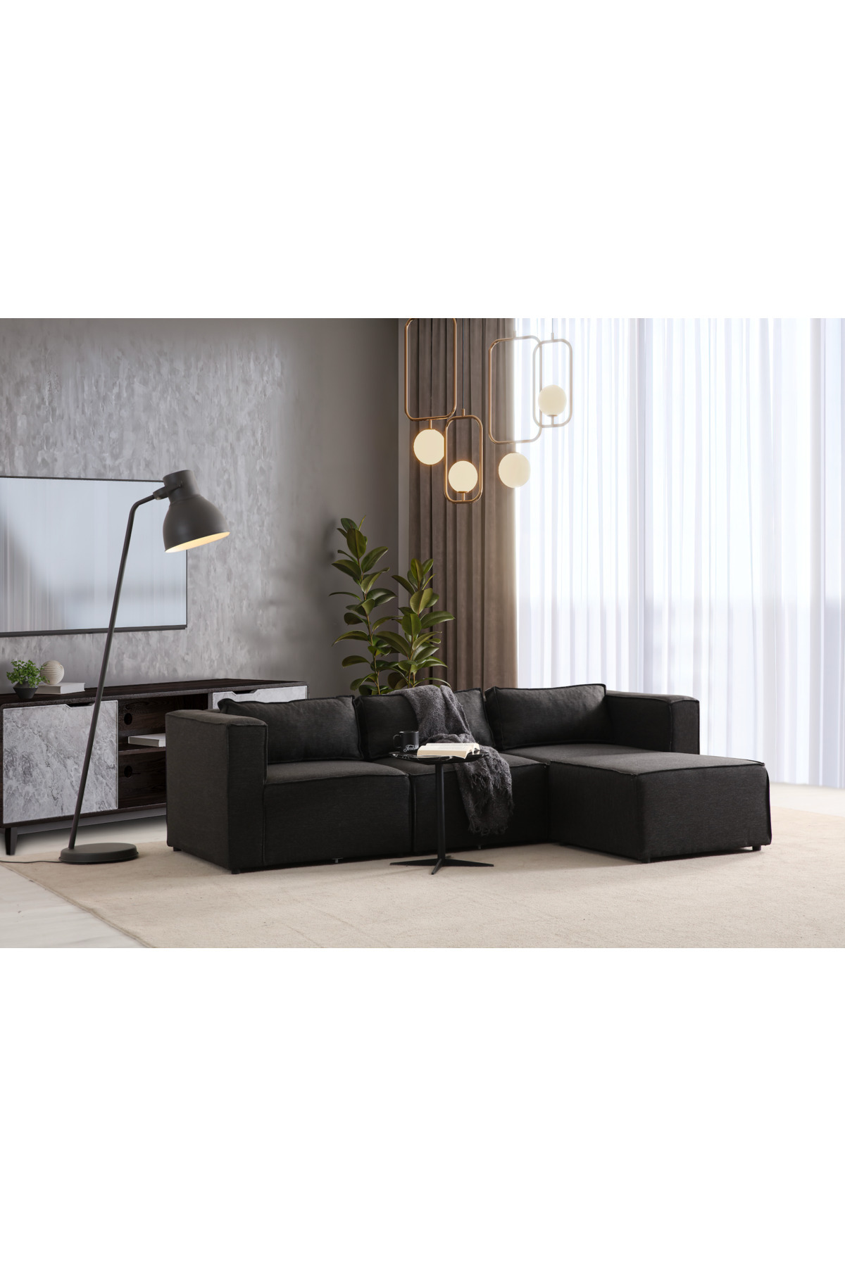 S Home Design Concept Boho Mini Modüler Köşe Koltuk Sırt Minderli, Keten Antrasit 240x155 cm