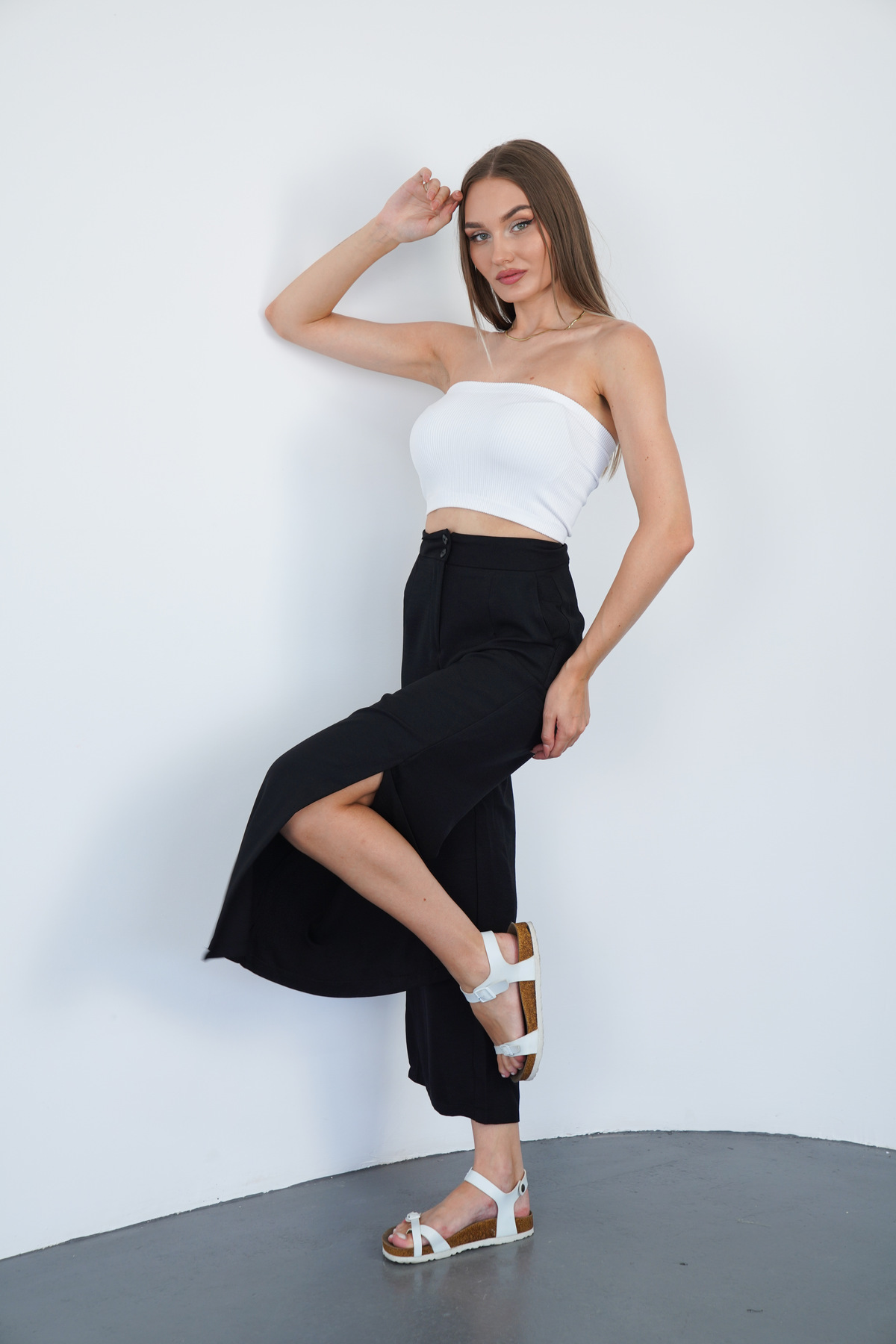 Women's Black Linen Slit High Waist Palazzo Pants