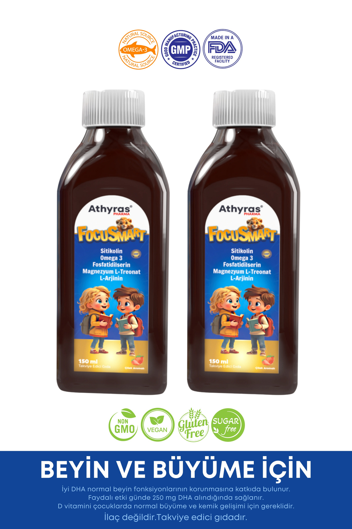 Athyras Pharma Focusmart Sitikolin, Omega 3, Fosfatidilserin, L-Arjinin, L-Treonat Şurup 150 ml ( 2 KUTU )