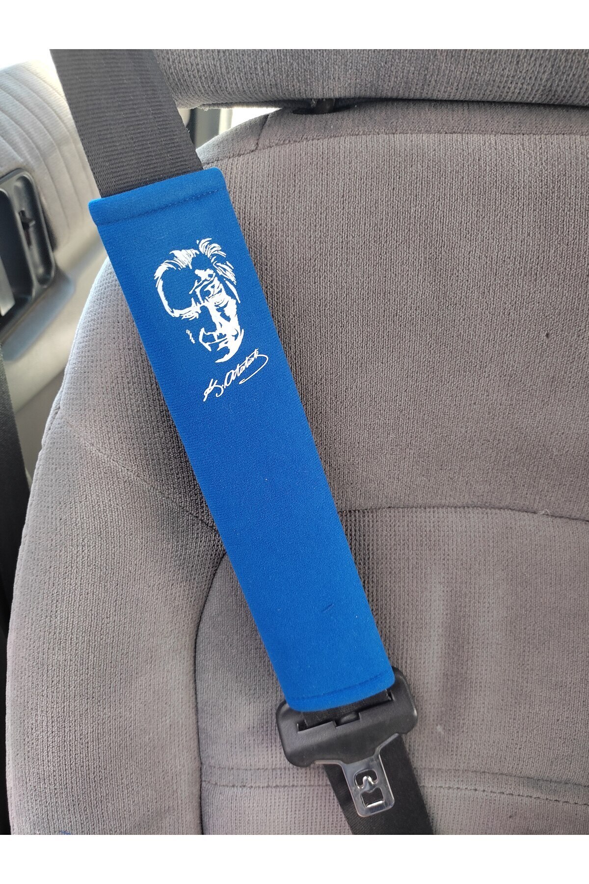 SS Oto DİJİTAL ATATÜRK BASKILI SİYAH BASKI-MAVİ Araç Emniyet Koltuk Kemer Kılıfı & Ped 2 ADET YUMUŞAK KUMAŞ